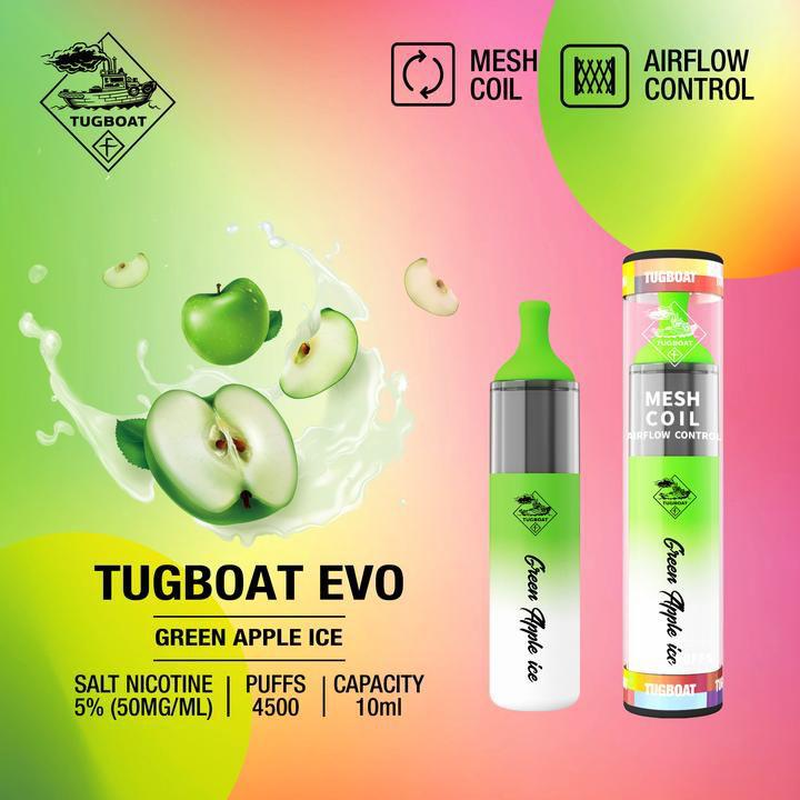 Tugboat EVO disposable vape in Green Apple Ice, bottle and canister