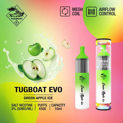 Tugboat EVO disposable vape in Green Apple Ice, bottle and canister