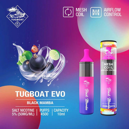 Tugboat EVO disposable vape, Black Mamba flavor, purple body, mesh coil with airflow control