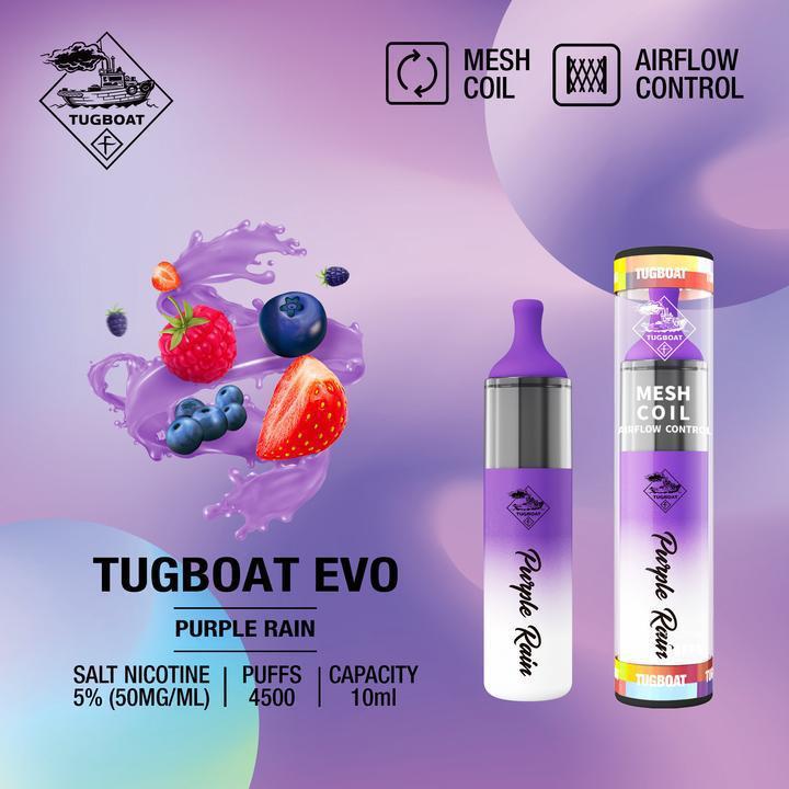 Tugboat EVO disposable vape in Purple Rain, bottle and canister