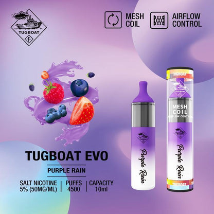 Tugboat EVO disposable vape in Purple Rain, bottle and canister