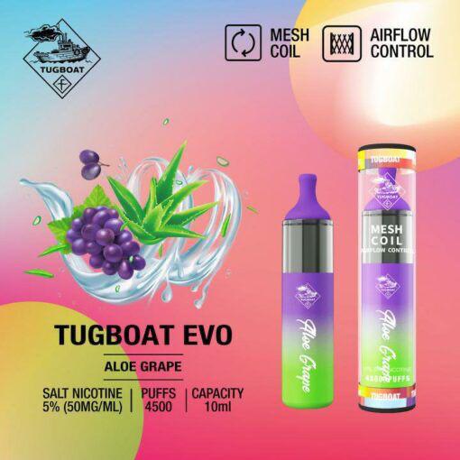 Tugboat EVO disposable vape in Aloe Grape, bottle and canister