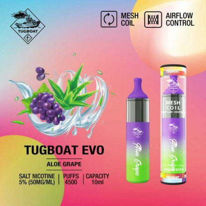 Tugboat EVO disposable vape in Aloe Grape, bottle and canister