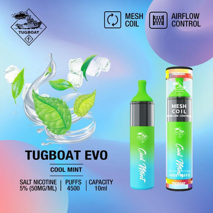 Tugboat EVO disposable vape, Cool Mint flavor, green body, mesh coil and airflow control