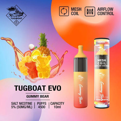 Tugboat EVO disposable vape, Gummy Bear flavor, orange body, mesh coil and airflow control