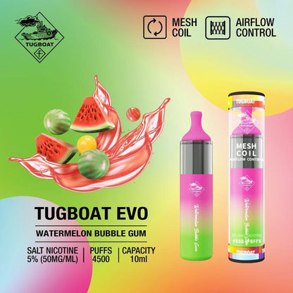Tugboat EVO disposable vape in Watermelon Bubble Gum, bottle and canister