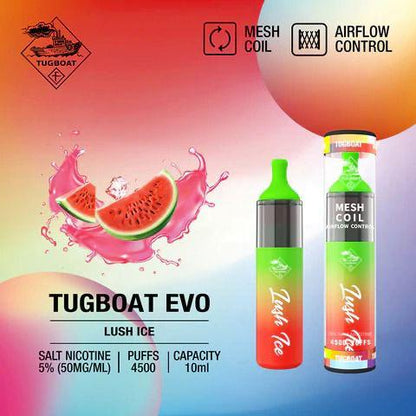 Tugboat EVO disposable vape, Lush Ice flavor, green and red body, mesh coil