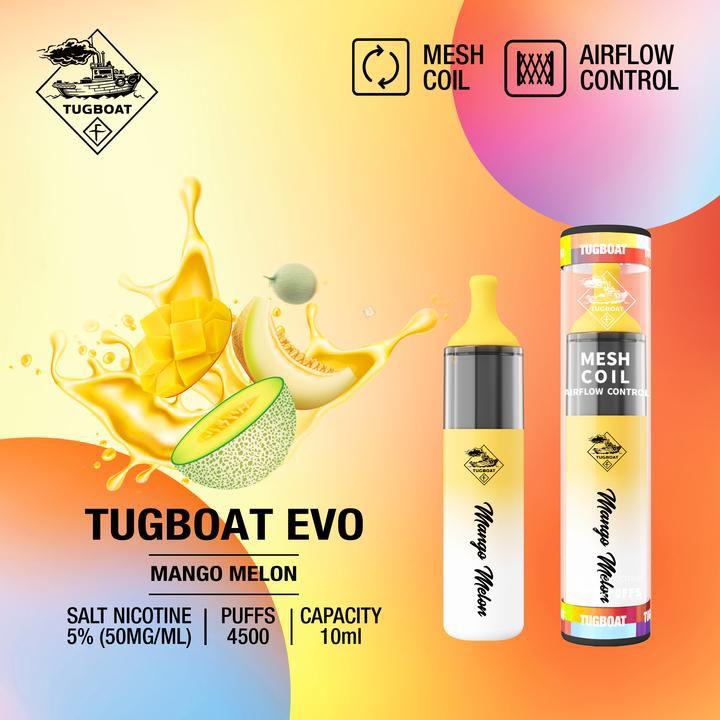 Tugboat EVO disposable vape in Mango Melon, bottle and canister