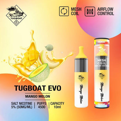 Tugboat EVO disposable vape in Mango Melon, bottle and canister