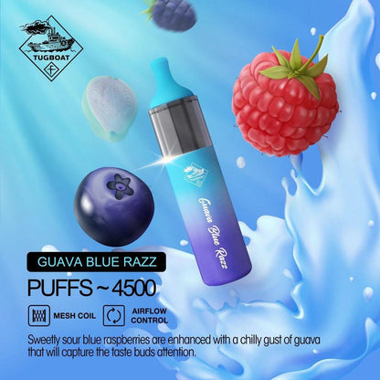 Tugboat EVO disposable vape in Guava Blue Razz, slim bottle and canister