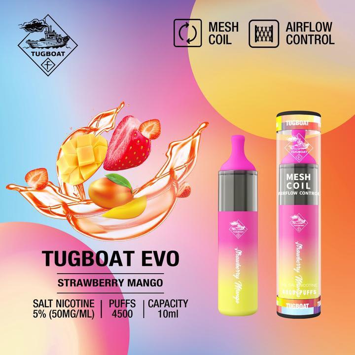 Tugboat EVO disposable vape in Strawberry Mango, bottle and canister