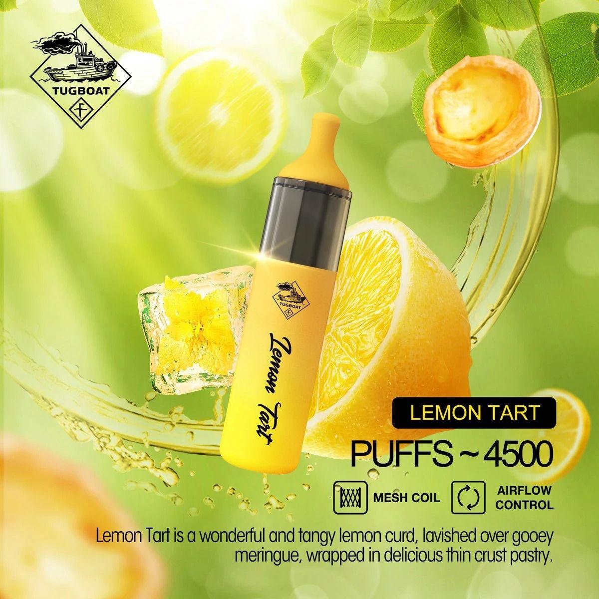 Tugboat EVO disposable vape in Lemon Tart, bottle and canister