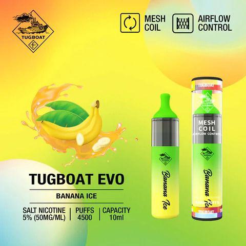 Tugboat EVO disposable vape, Banana Ice flavor, yellow and green body, mesh coil