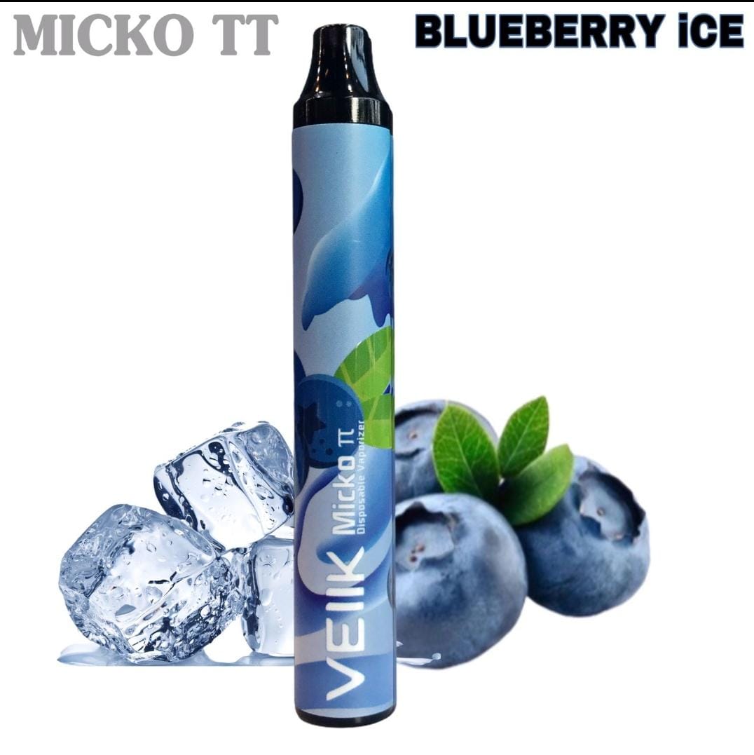 Disposable vape pen with black mouthpiece, Blueberry Ice flavor, blue body.