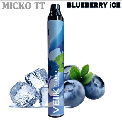 Disposable vape pen with black mouthpiece, Blueberry Ice flavor, blue body.