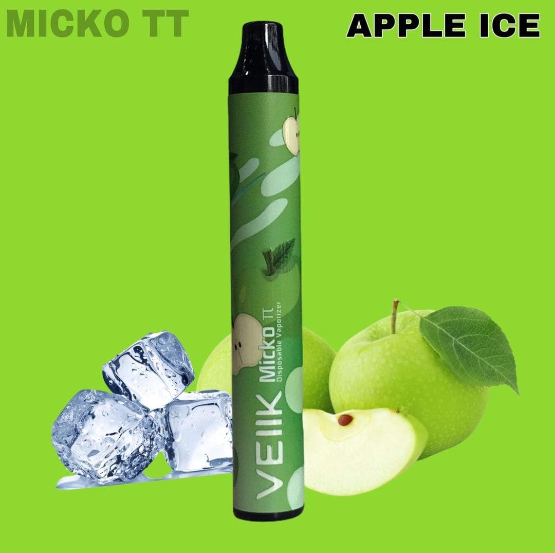 Disposable vape pen with black mouthpiece, Apple Ice flavor, green body.