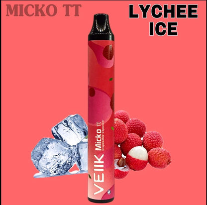 Lychee Ice disposable vape pen with ice cubes and lychee fruit