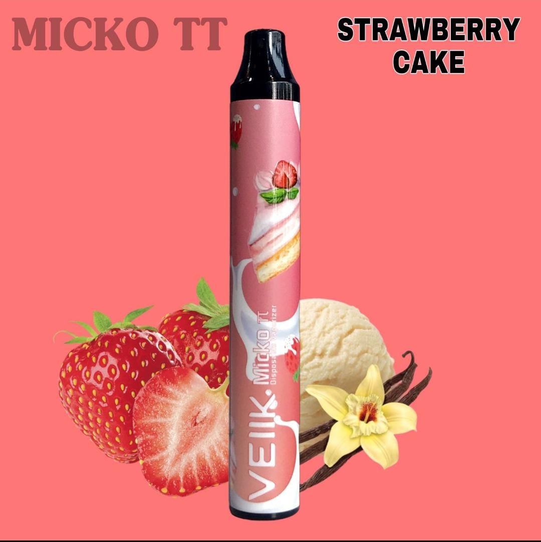 Strawberry Cake disposable vape pen with strawberries and vanilla cake