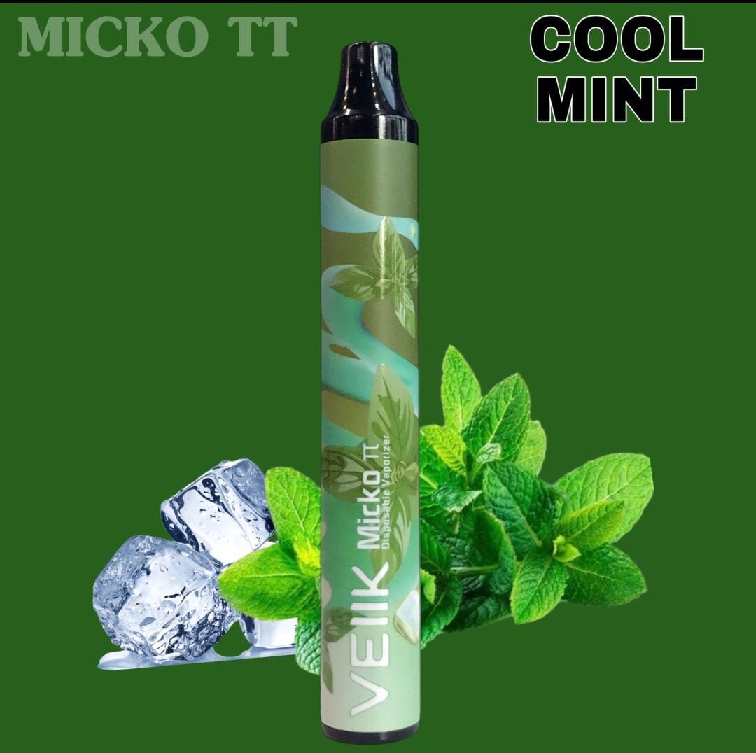 Cool Mint disposable vape pen with mint leaves and ice cubes