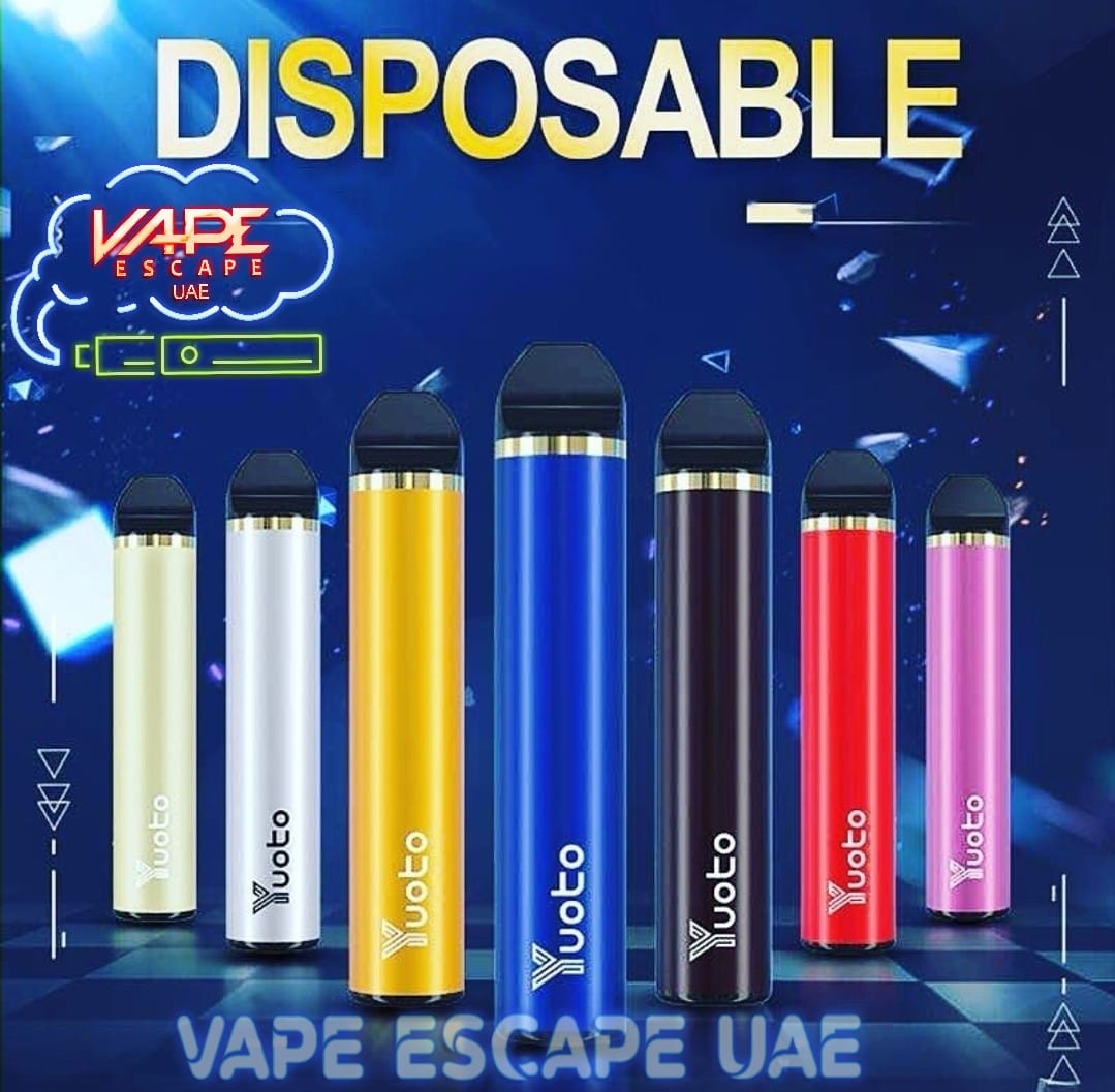 Disposable vape pen assorted colors, Vape Escape UAE branding on packaging background