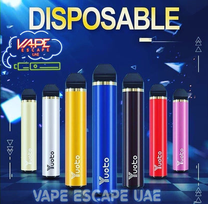Disposable vape pen assorted colors, Vape Escape UAE branding on packaging background