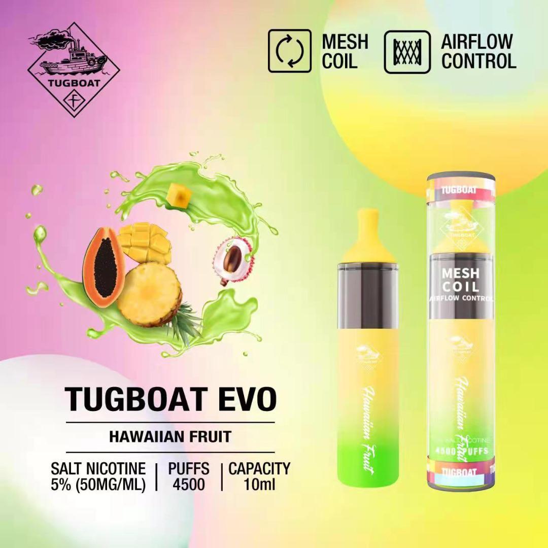Tugboat EVO disposable vape, Hawaiian Fruit flavor, green body, mesh coil and airflow control