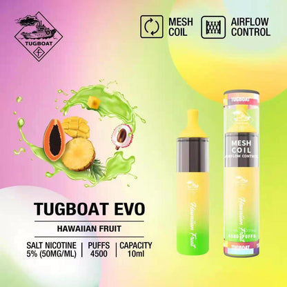 Tugboat EVO disposable vape, Hawaiian Fruit flavor, green body, mesh coil and airflow control