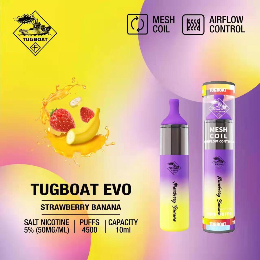 Tugboat EVO disposable vape, Strawberry Banana flavor, purple body, mesh coil and airflow control