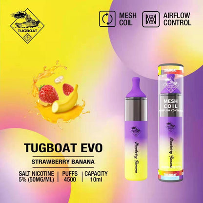 Tugboat EVO disposable vape, Strawberry Banana flavor, purple body, mesh coil and airflow control