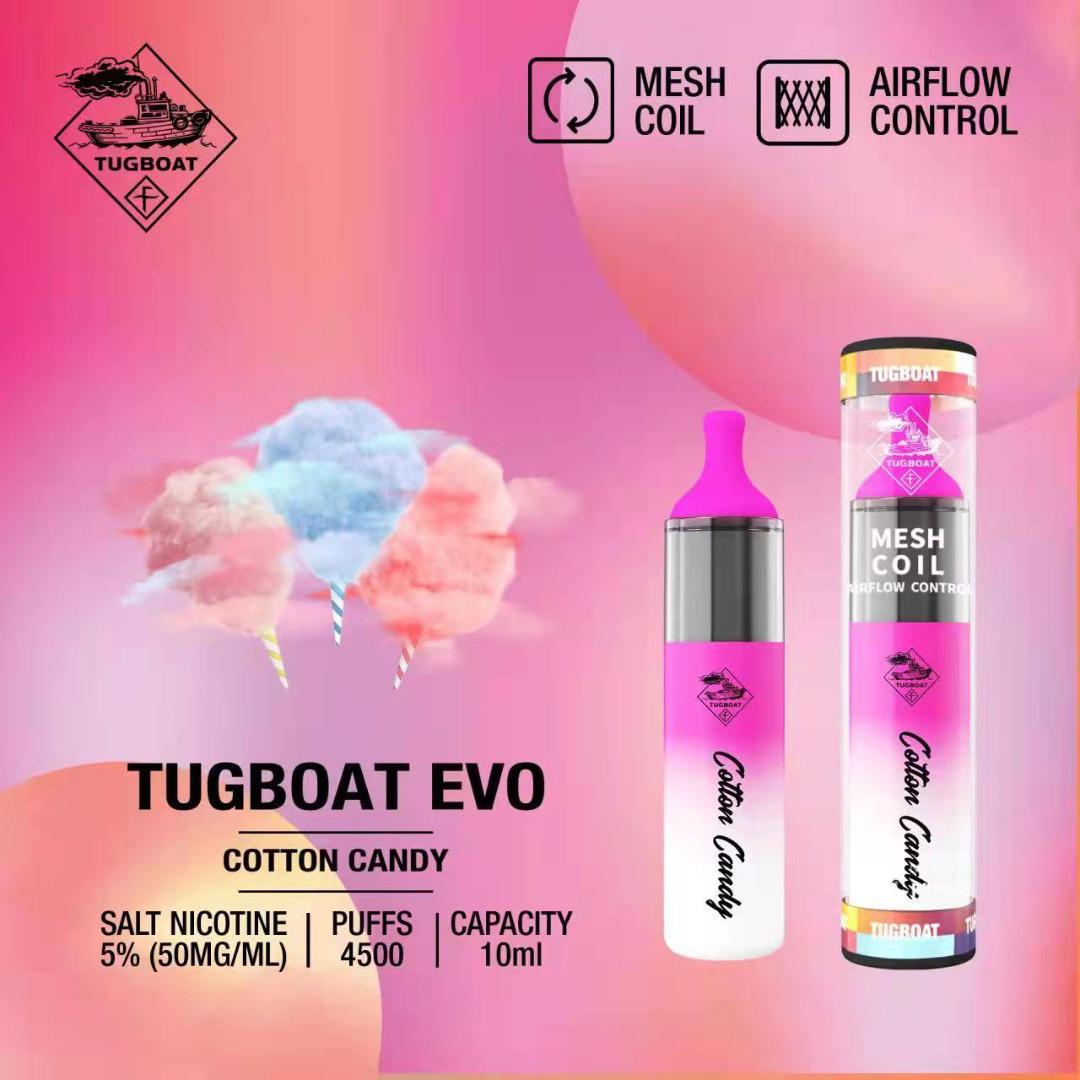 Tugboat EVO disposable vape, Cotton Candy flavor, pink body, mesh coil and airflow control