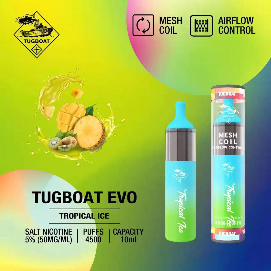 Tugboat EVO disposable vape, Tropical Ice flavor, light blue and green body, mesh coil
