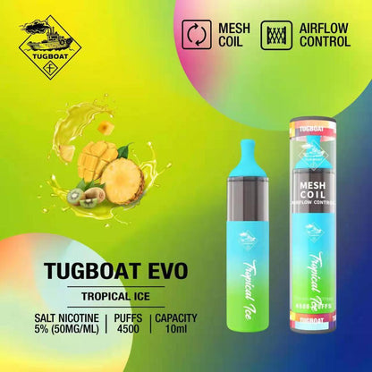 Tugboat EVO disposable vape, Tropical Ice flavor, light blue and green body, mesh coil