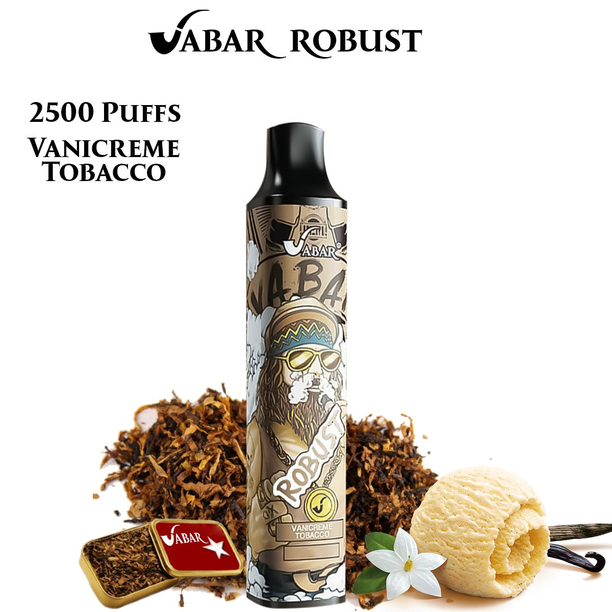 Vanicreme Tobacco VABAR ROBUST 2500-puff disposable vape, black mouthpiece, tan graphic label