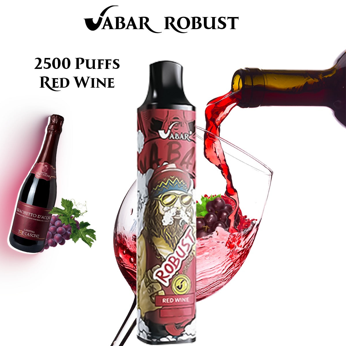 Red Wine VABAR ROBUST 2500-puff disposable vape, black mouthpiece, red graphic label