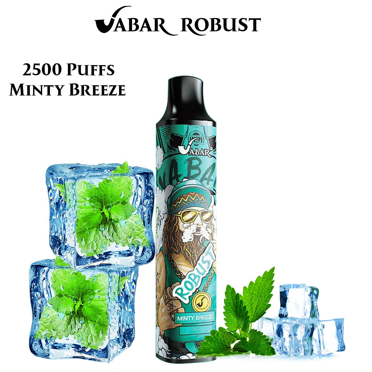 Minty Breeze VABAR ROBUST 2500-puff disposable vape, black mouthpiece, teal graphic label