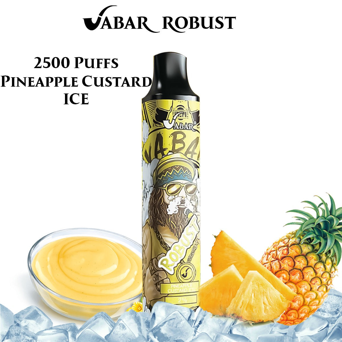 Pineapple Custard Ice VABAR ROBUST 2500-puff disposable vape, black mouthpiece, yellow graphic label