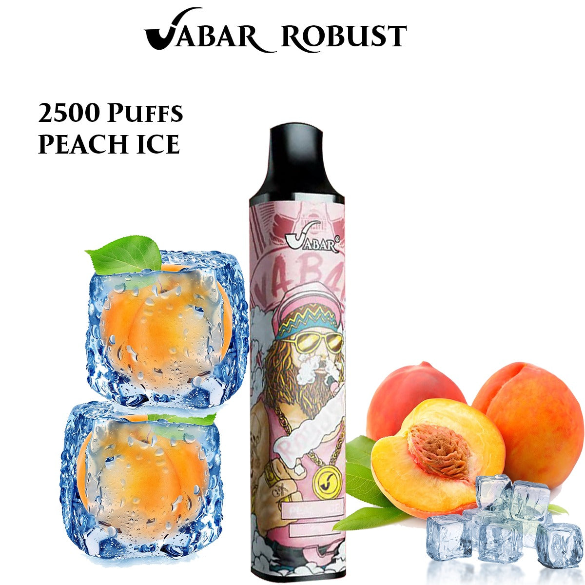 Peach Ice VABAR ROBUST 2500-puff disposable vape, black mouthpiece, pink graphic label