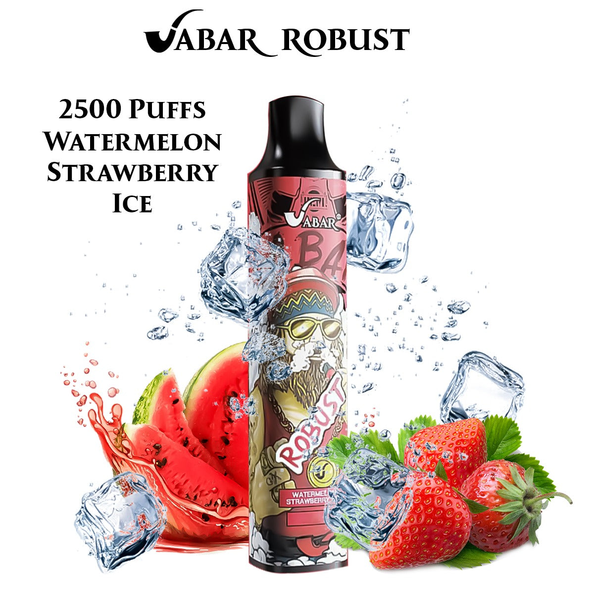 Watermelon Strawberry Ice VABAR ROBUST 2500-puff disposable vape, black mouthpiece, red graphic label