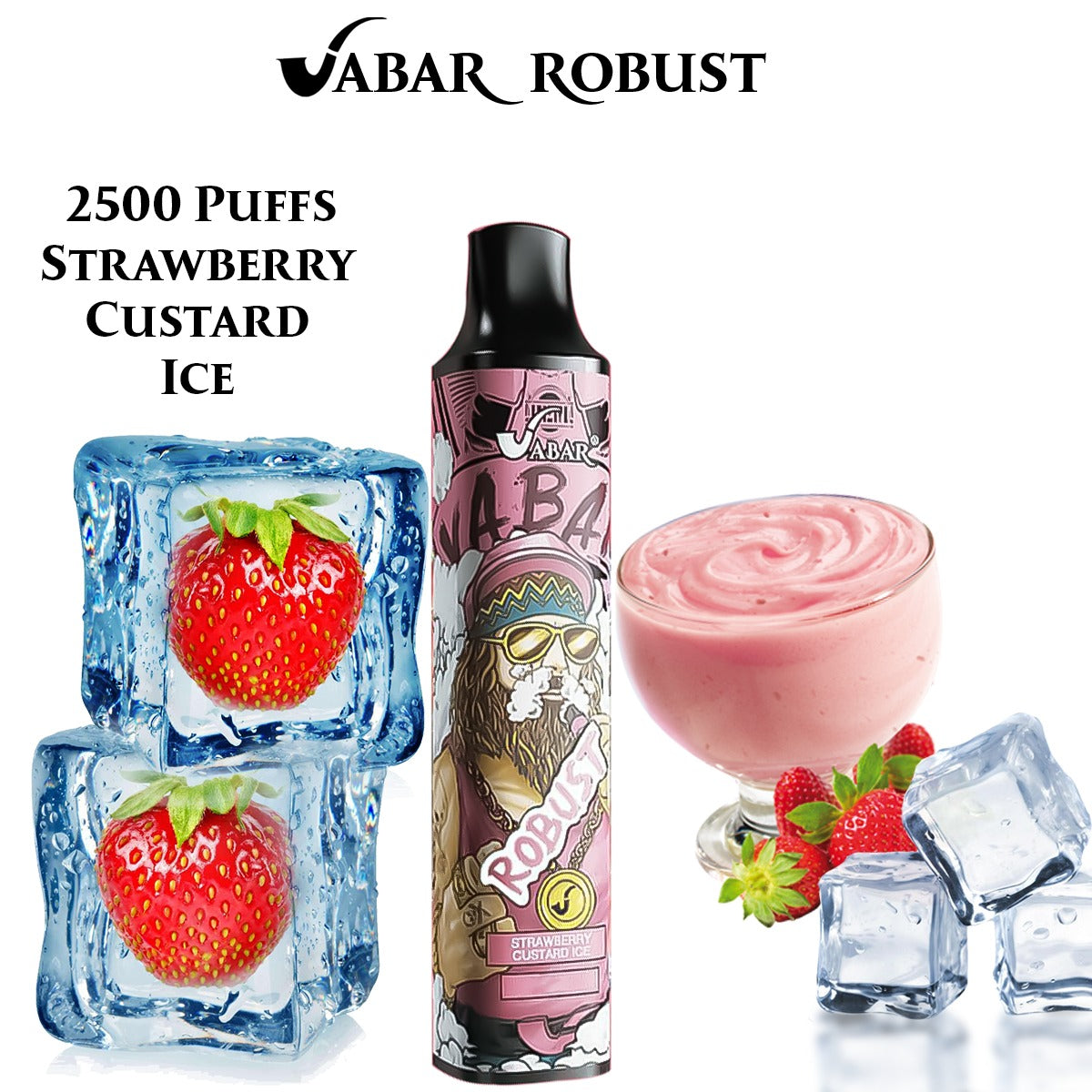 Strawberry Custard Ice VABAR ROBUST 2500-puff disposable vape, black mouthpiece, pink graphic label