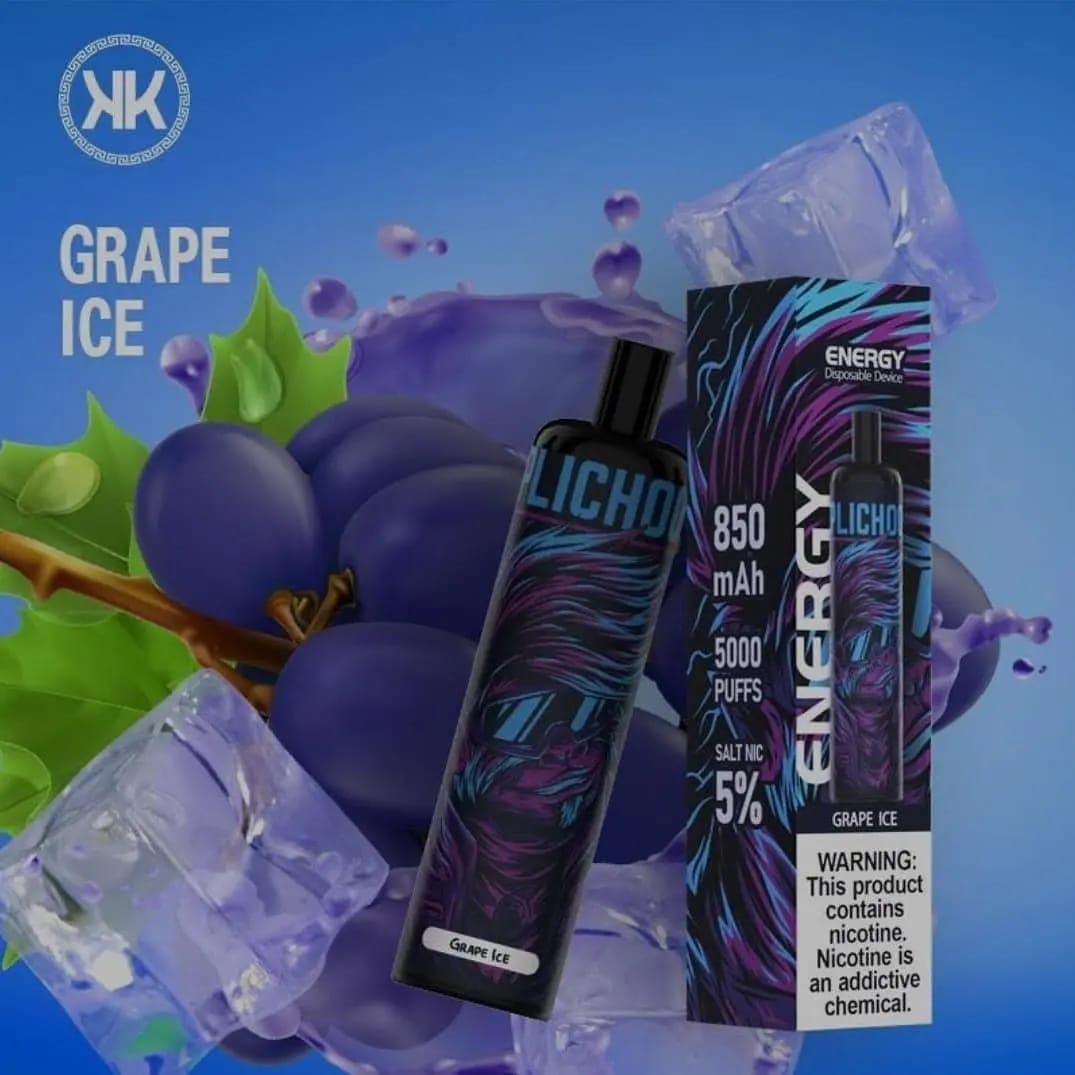 Disposable vape device for Grape Ice flavor, black mouthpiece, in branded box