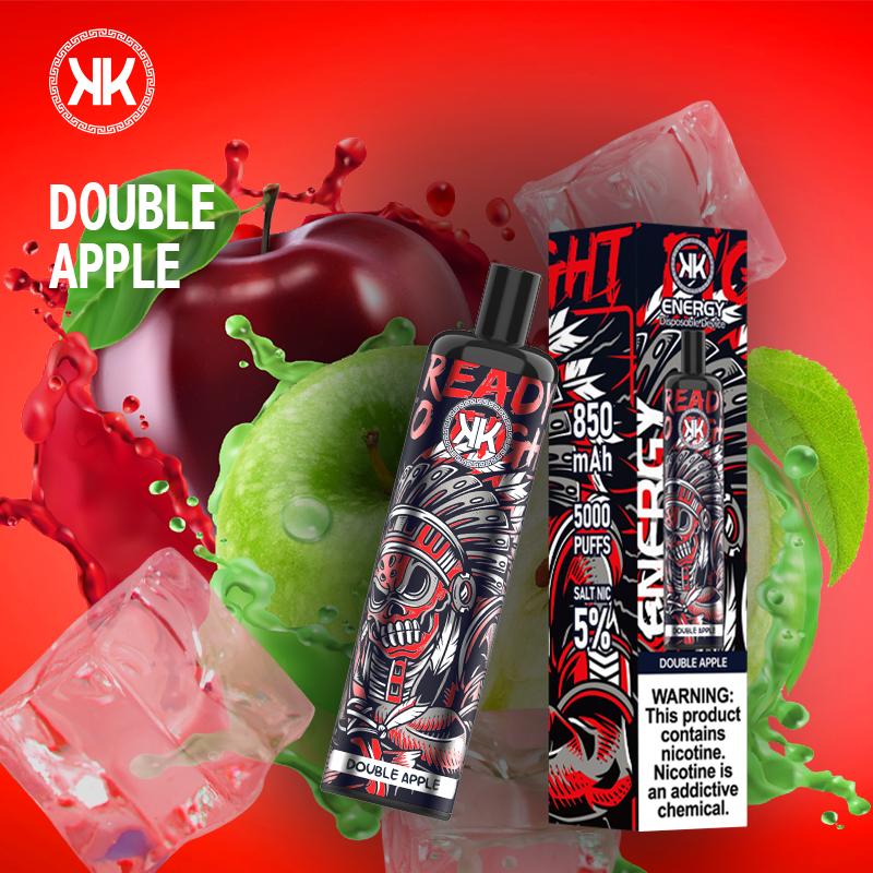 Disposable vape device for Double Apple flavor, black mouthpiece, in branded box