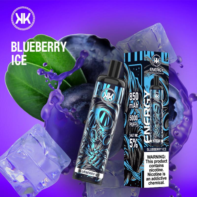 Disposable vape device for Blueberry Ice flavor, black mouthpiece, in branded box