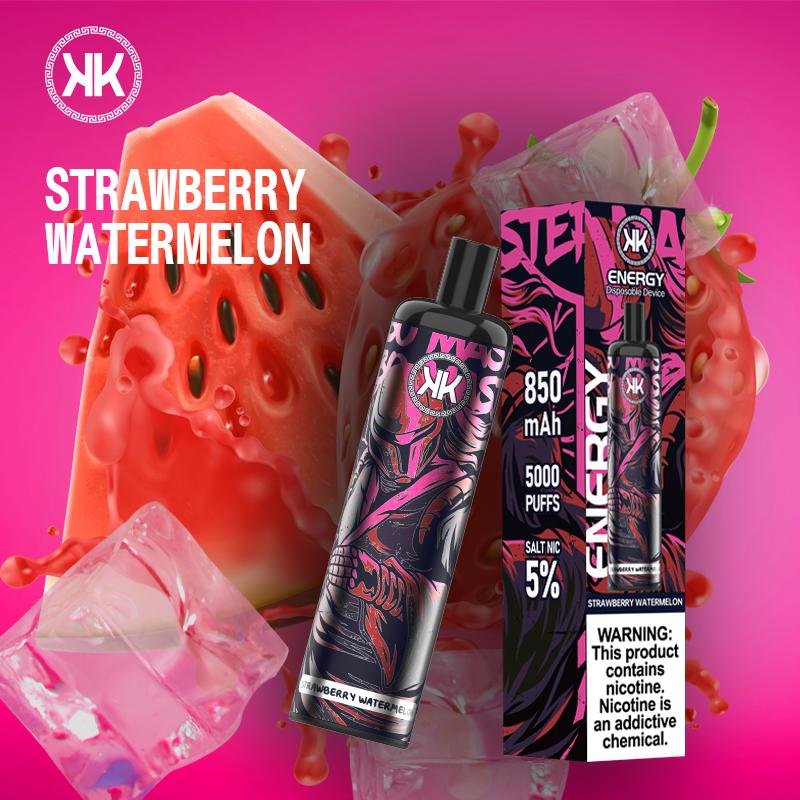 Disposable vape device for Strawberry Watermelon flavor, black mouthpiece, in branded box