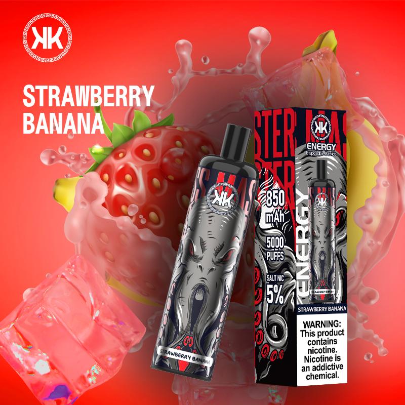 Disposable vape device for Strawberry Banana flavor, black mouthpiece, in branded box