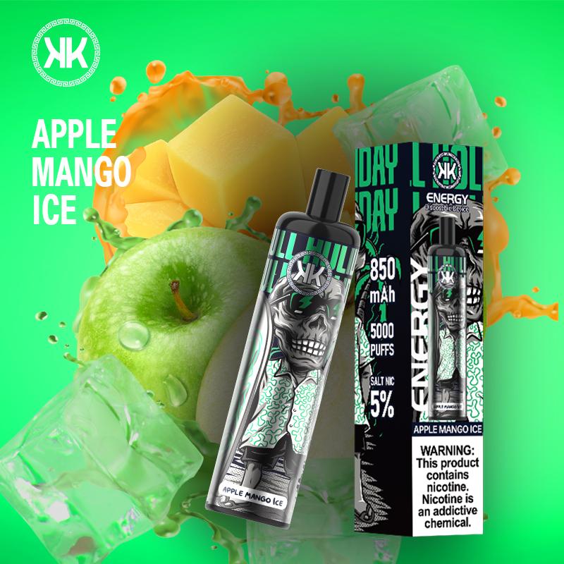 Disposable vape device for Apple Mango Ice flavor, black mouthpiece, in branded box