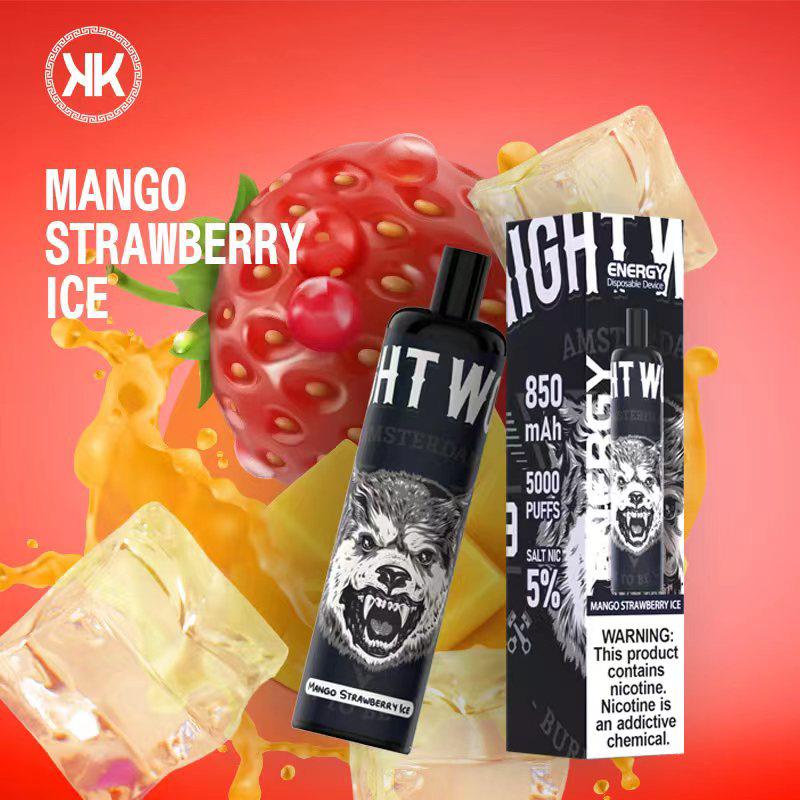 Disposable vape device for Mango Strawberry Ice flavor, black mouthpiece, in branded box
