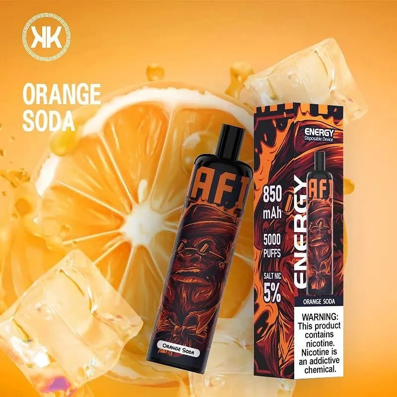 Disposable vape device for Orange Soda flavor, black mouthpiece, in branded box