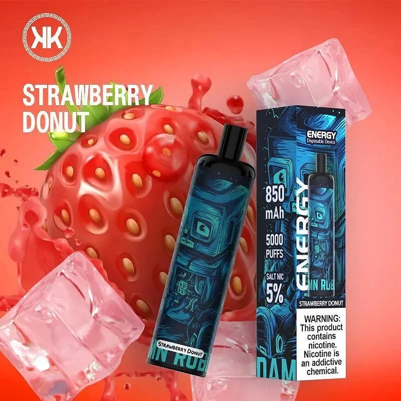 Disposable vape device for Strawberry Donut flavor, black mouthpiece, in branded box