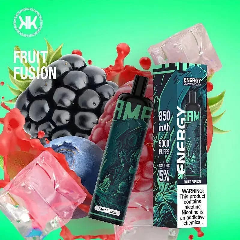 Disposable vape in fruit fusion flavor, black mouthpiece, 5000 puffs, 5% salt nic