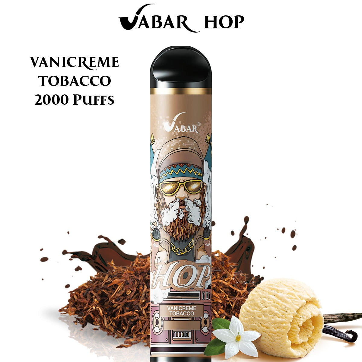 Disposable vape pen in Vanicreme tobacco flavor, gold-and-black body with graphic label.